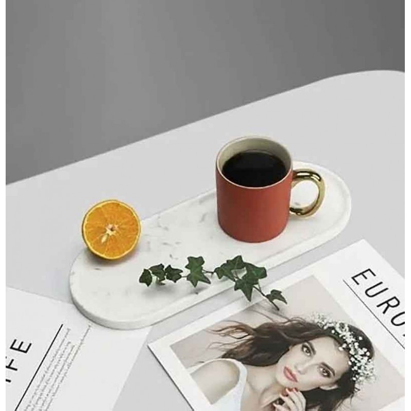 Khay đá marble hình oval, đá trắng vân mây đựng đồ ăn, trà chiều PT018