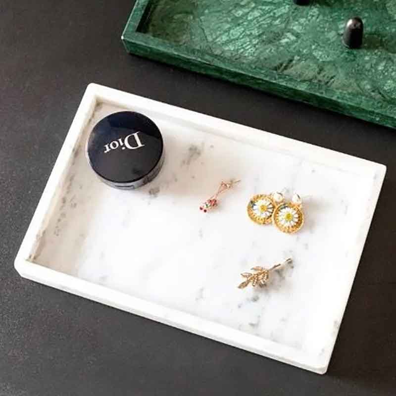 Khay đựng đồ trang sức đá marble hình chữ nhật đá trắng vân mây PT015