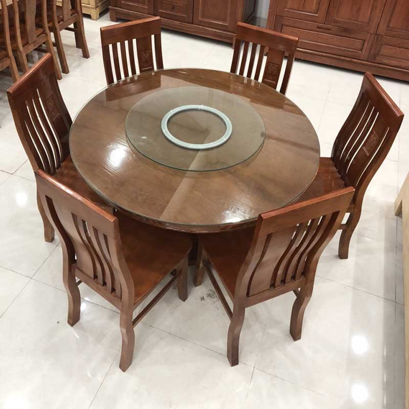 Bộ bàn ăn tròn xoay mặt kính 1m2, 6 ghế gỗ xoan đào BA224