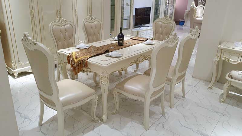 Bộ bàn ghế ăn phong cách tân cổ điển màu trắng nổi bật BA330
