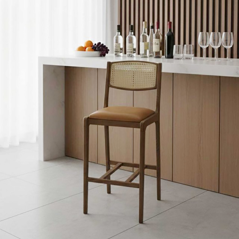 Ghế bar cao gỗ Sồi bọc da Simili tựa lưng lưới mắt cáo GB989