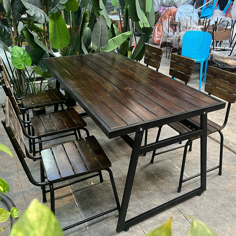 Bộ bàn ghế cafe, quán ăn, nhà hàng chân sắt mặt gỗ GC910