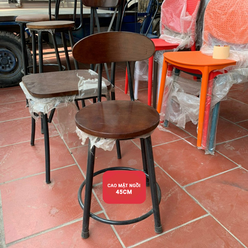Ghế cafe chân sắt mặt gỗ có tựa lưng GC845