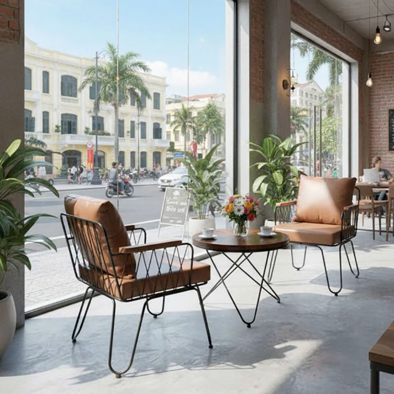 Combo bàn sofa tròn chân chữ V kết hợp 2 ghế sofa chân sắt GC989