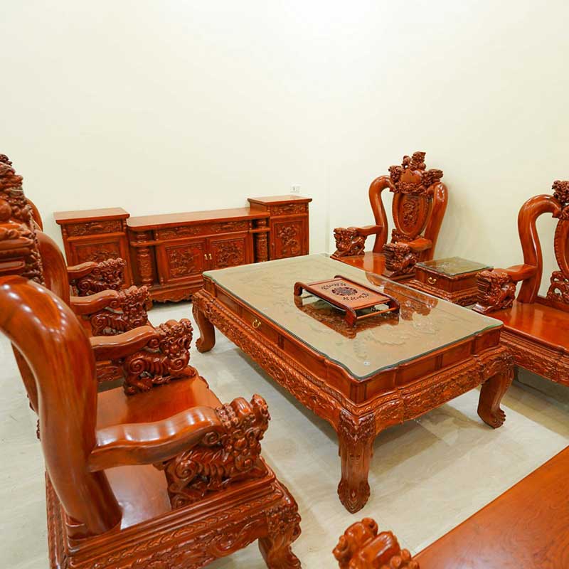 Bộ bàn ghế Nghê Phượng tay cột 12 gỗ Hương Đá BK108