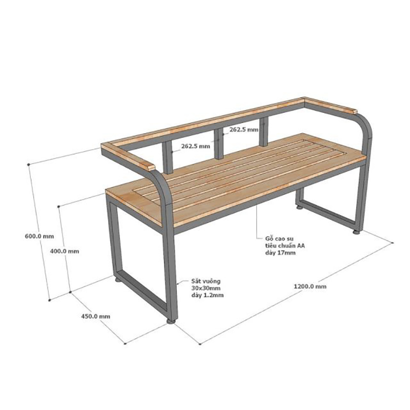 Ghế băng dài có tay tựa 120x45x60cm chân sắt gỗ cao su BS401