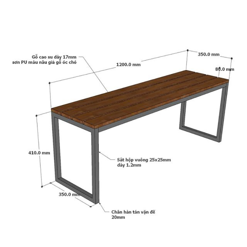 Combo 4 ghế băng sân vườn dài 120x35cm gỗ cao su BS308