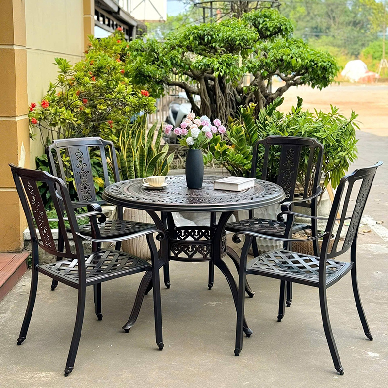 Bộ bàn ghế hợp kim nhôm đúc tròn 1 bàn 4 ghế màu đen đồng BS375