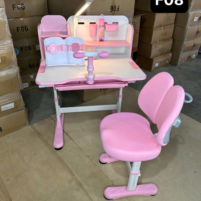 Bộ bàn học hỗ trợ chống gù cho bé F08 sẵn 3 màu Xanh - Hồng - Ghi BH096