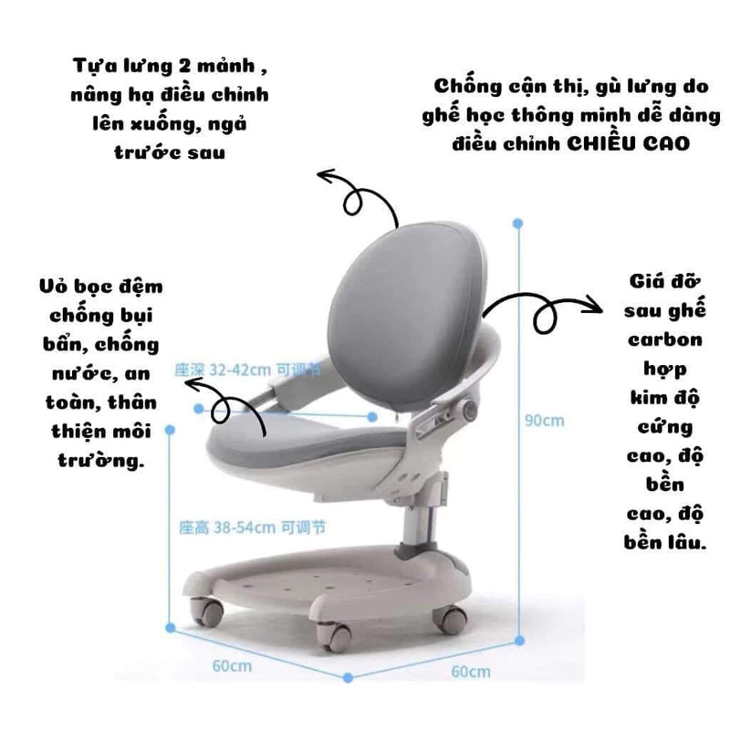 Ghế học sinh thông minh chống gù với tính năng vượt trội điều chỉnh được độ cao mặt ghế, độ hõm lưng ghế điều chỉnh phù hợp với kích thước nhân trắc học của cơ thể từng trẻ,... đảm bảo cho các con ngồi học ở tư thế thoải mái nhất dù con bạn ở bất kỳ độ tuổi, chiều cao, cân nặng nào!   Bàn ghế học thông minh không gây căng thẳng, mệt mỏi, kích thích khả năng tập trung khi ngồi học. Do đó giúp nâng cao thành tích học tập.    LÝ DO NÊN CHỌN MỘT CHIẾC GHẾ CHO CON EM MÌNH MỘT CHIẾC GHẾ CHỐNG GÙ TỐT CHO SỨC KHỎE  Giúp trẻ tạo tư thế ngồi đúng , tránh gù lưng cận thị  Cảm giác ngồi dễ chịu, thoải mái, không mệt mỏi.  Giúp trẻ ổn định tư thế, học tập trung hơn.  Dễ dàng di chuyển, xếp gọn.