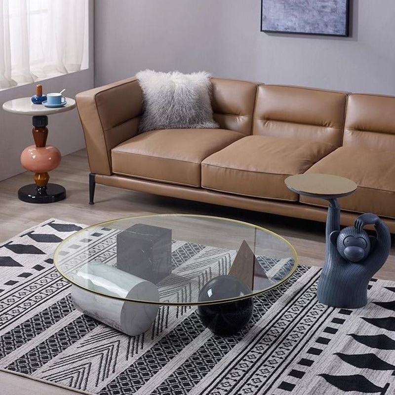 Bàn trà trụ đá Cẩm Thạch nguyên khối mặt kính sang trọng BT501