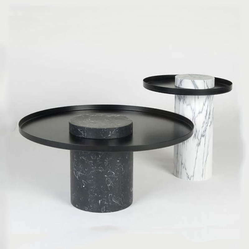 Bàn trà trụ đá đen vân trắng nguyên khối, mặt sắt sơn tĩnh điện BT949
