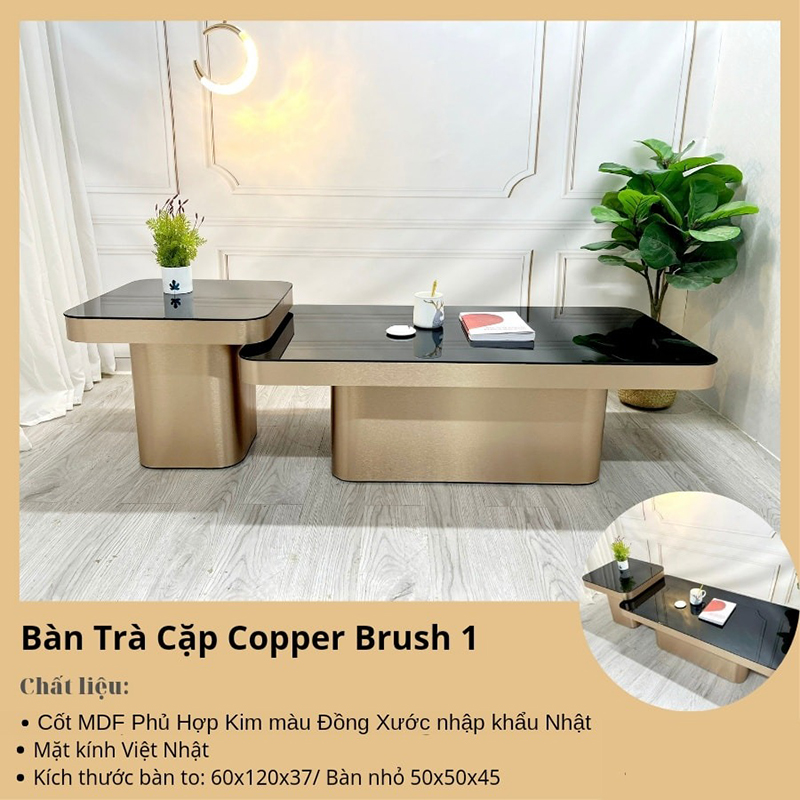 Bàn trà cặp Copper Brush mặt kính, khung MDF phủ hợp kim đồng BT994
