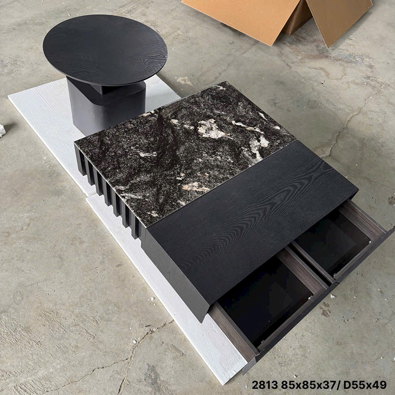 Bàn trà đôi hình vuông kết hợp giữa đá vân mây và vân gỗ đen BT768
