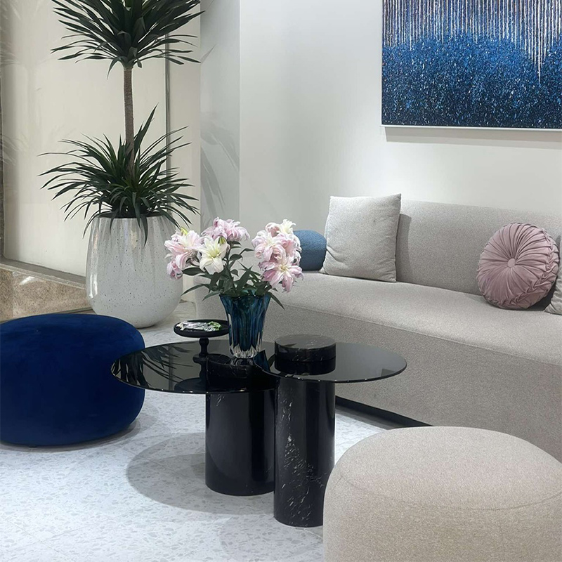 Bàn trà đôi trụ đá đen vân trắng nguyên khối mặt kính cao cấp BT410 Bàn trà đôi trụ đá đen vân trắng nguyên khối mặt kính cao cấp BT410