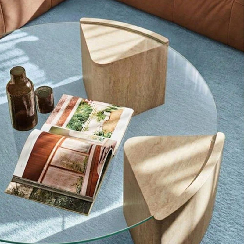 Bàn trà mặt kính cường lực chân đá nguyên khối bo cong mềm mại BT729
