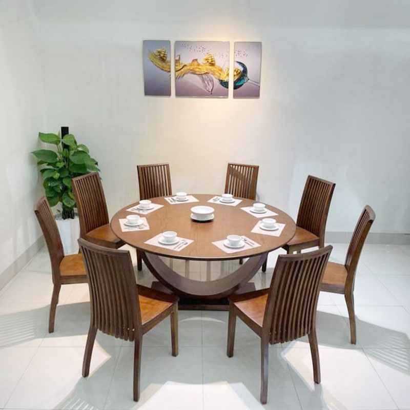 Bộ bàn ăn gỗ 8 ghế, mặt bàn tròn đường kính 1m4 BA813