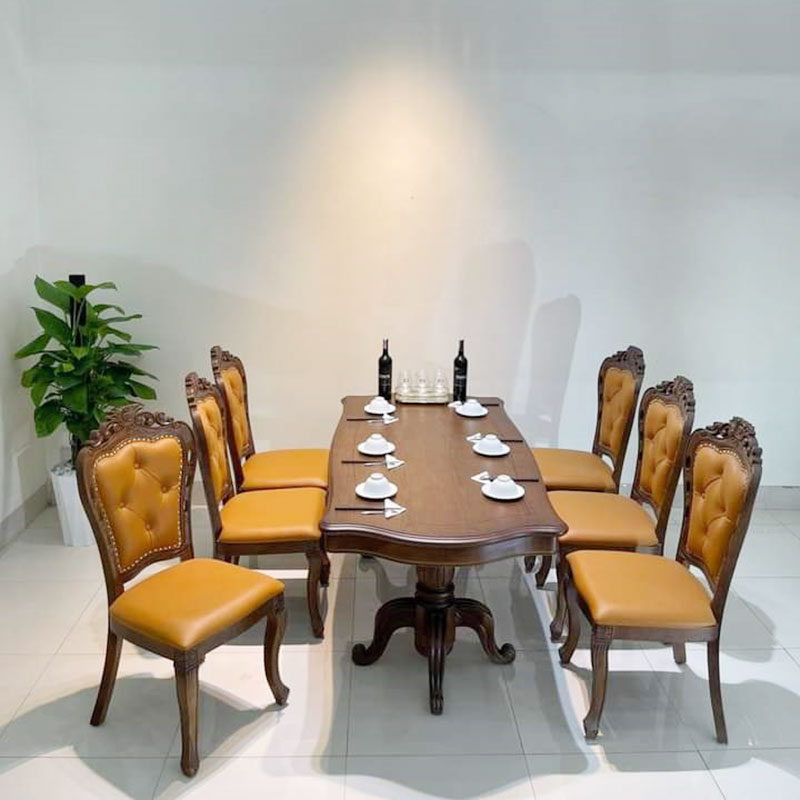 Bộ bàn ăn KT 90cm x 180cm tân cổ điển kết hợp 06 ghế nêm da BA801