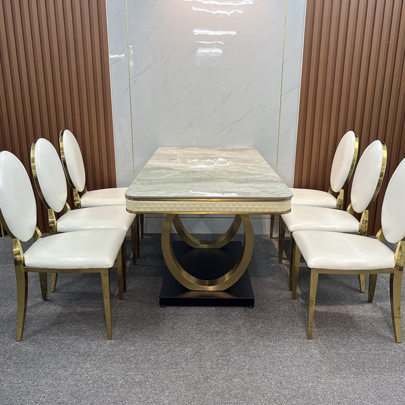 Bộ bàn ghế ăn 6 ghế Louis mặt đá chân Inox mạ vàng siêu VIP BO914