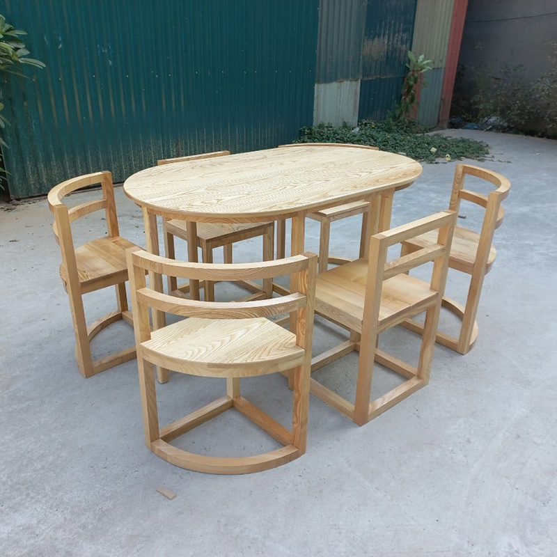 Bộ bàn ăn ovan 6 ghế xếp gọn gỗ sồi BA164