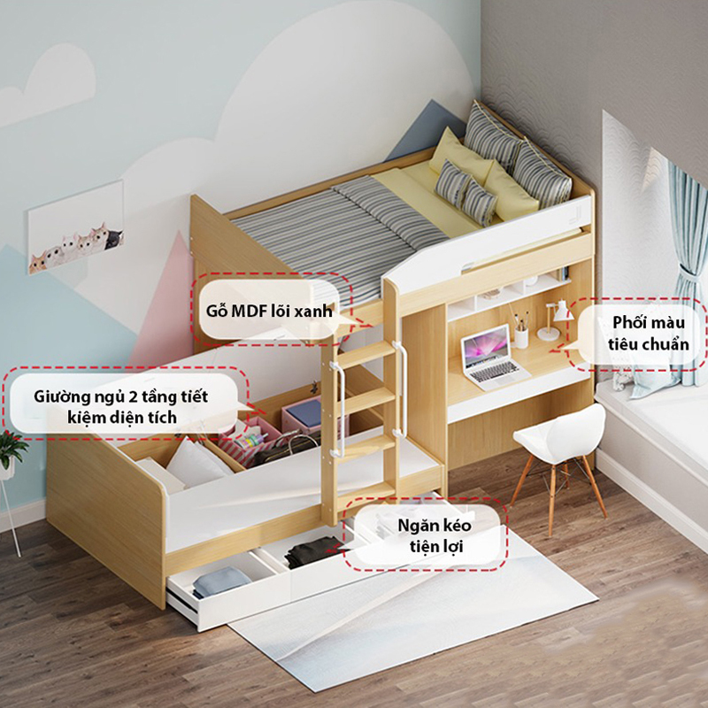 Giường tầng cho bé thiết kế kèm bàn học Mini GN415