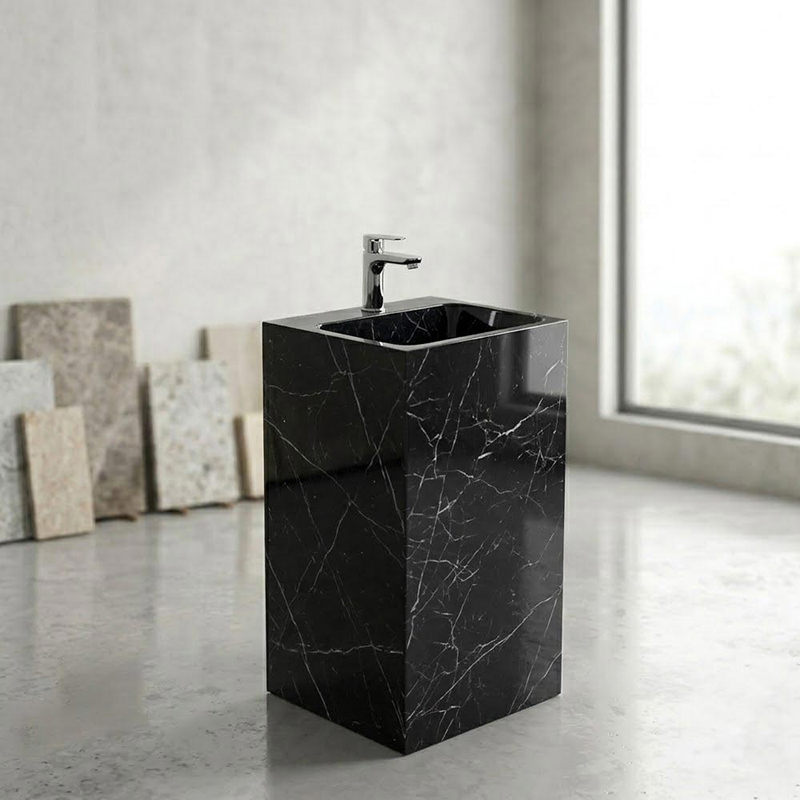 Chậu rửa mặt Lavabo hình trụ đá Đen Vân Trắng nguyên khối LA830