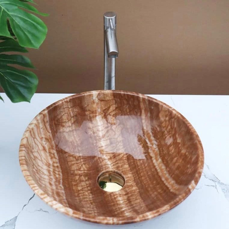 Lavabo tròn đá mộc thạch tự nhiên nguyên khối D420xH140mm LA007