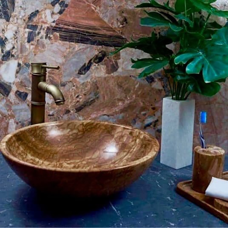 Lavabo tròn đá mộc thạch tự nhiên nguyên khối D420xH140mm LA007