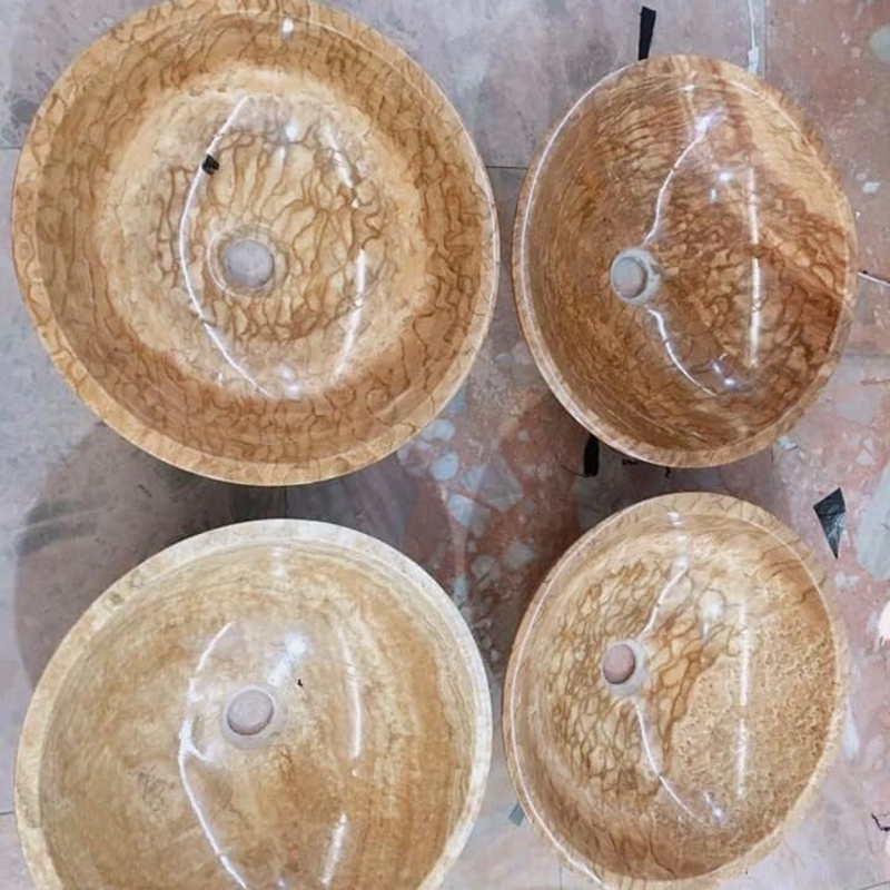 Lavabo tròn đá mộc thạch tự nhiên nguyên khối D420xH140mm LA007