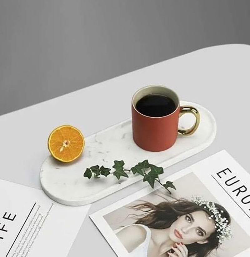 Khay đá marble hình oval, đá trắng vân mây đựng đồ ăn, trà chiều PT018