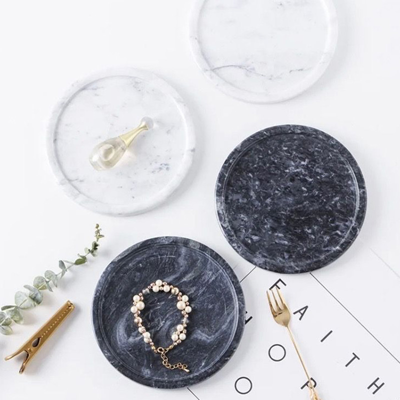 Khay đá marble hình tròn, đá đen vân trắng D30cm cao cấp cho khách sạn PT011