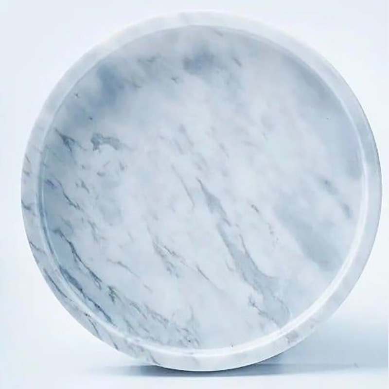  Khay đá marble hình tròn, đá trắng vân mây D30cm decor phòng bếp phòng tắm PT008