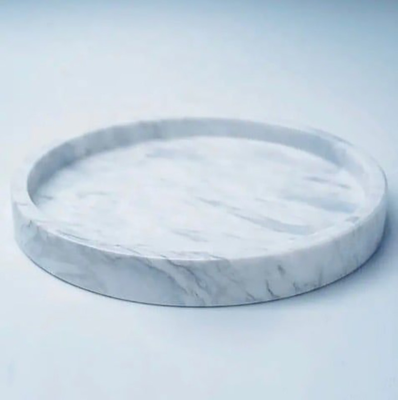  Khay đá marble hình tròn, đá trắng vân mây D30cm decor phòng bếp phòng tắm PT008