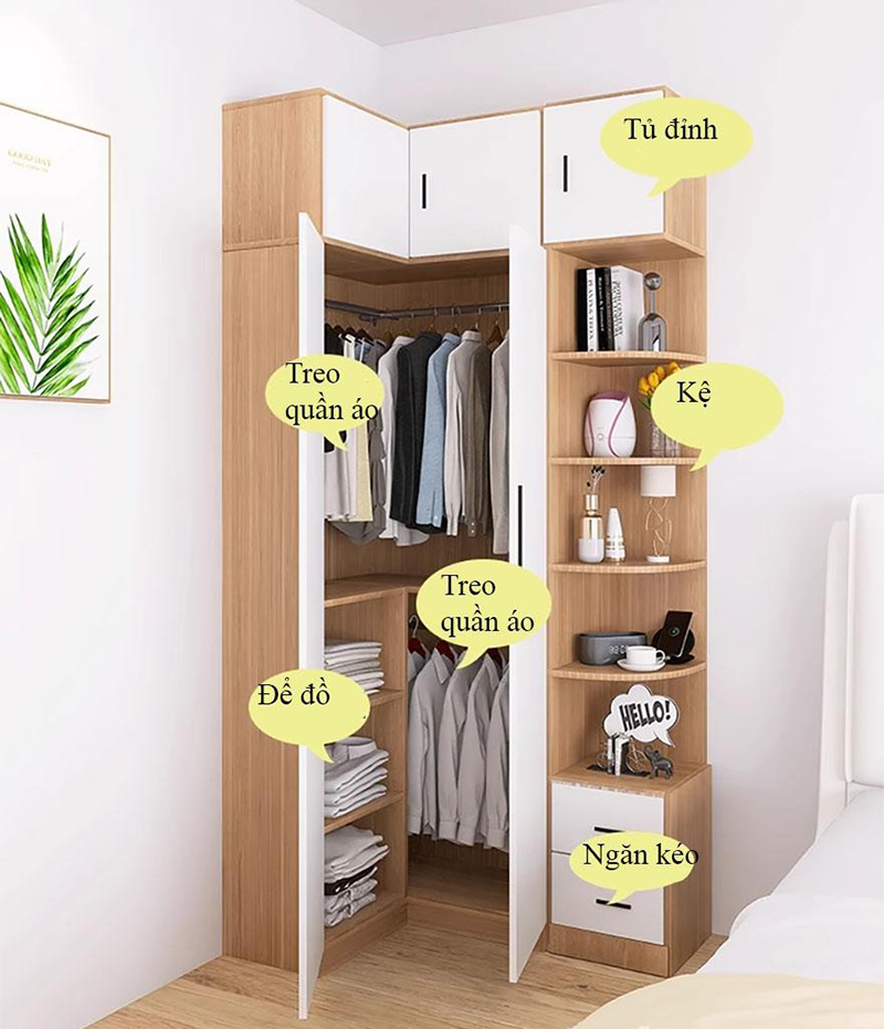 Tủ áo góc chữ L kèm kệ tiện dụng TQ674