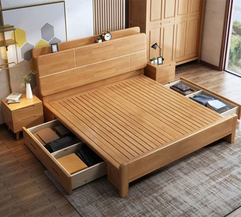 Mẫu giường ngủ có vạt giường làm từ nan gỗ tự nhiên