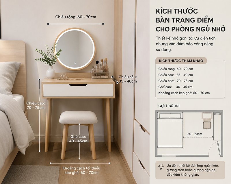 Kích thước bàn trang điểm cho phòng ngủ nhỏ