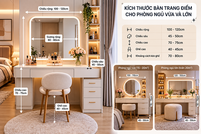Kích thước bàn trang điểm cho phòng ngủ vừa và lớn