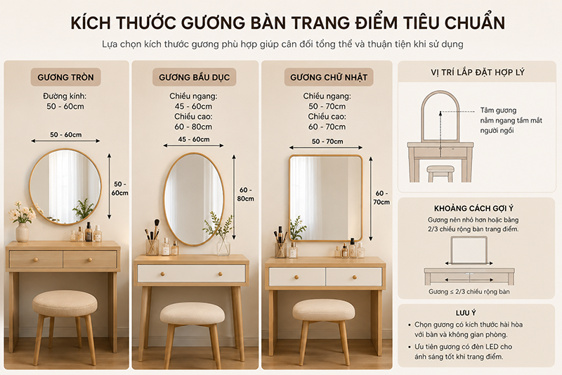 Kích thước gương bàn trang điểm tiêu chuẩn