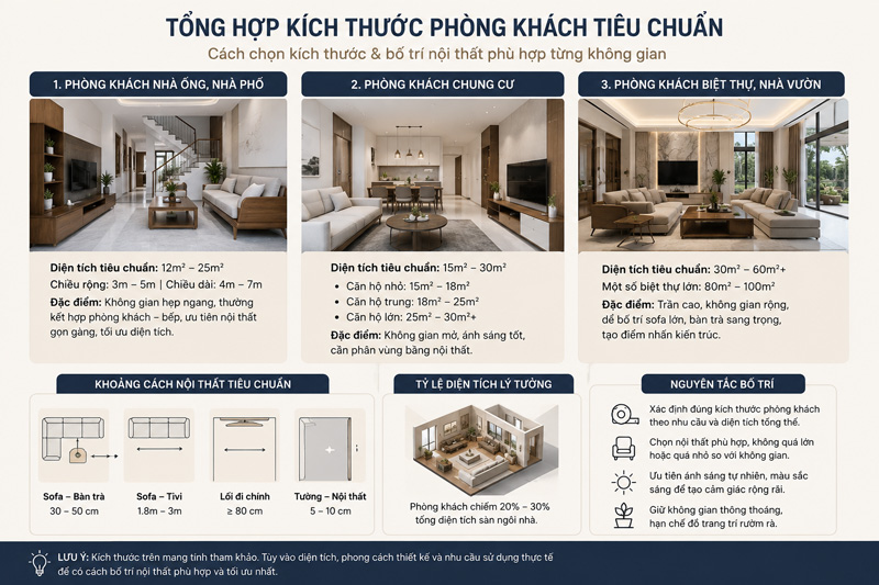 Tổng hợp kích thước phòng khách tiêu chuẩn