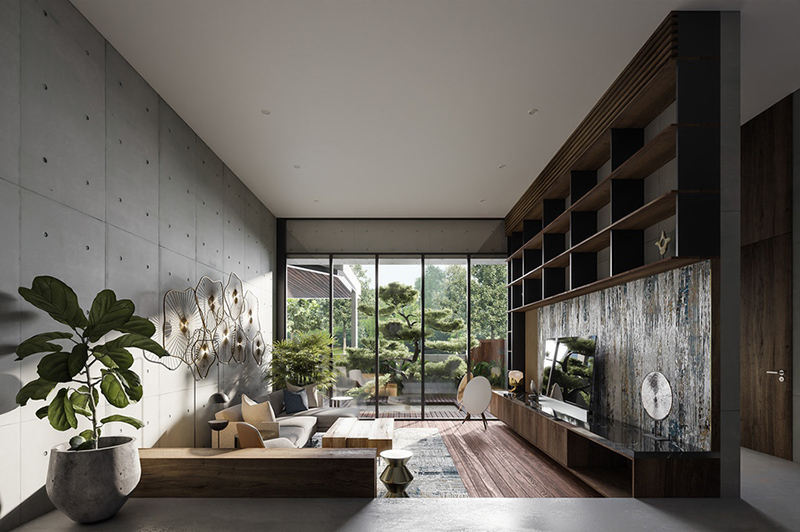 Phòng khách có diện tích 20-25m2 phù hợp với biệt thự nhỏ