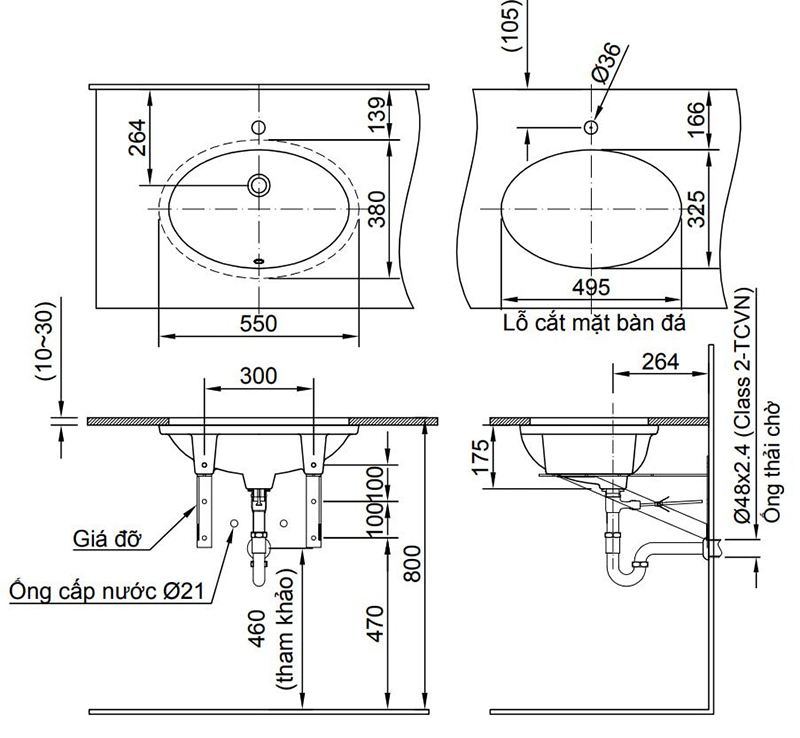 Kích thước chậu lavabo âm bàn chuẩn