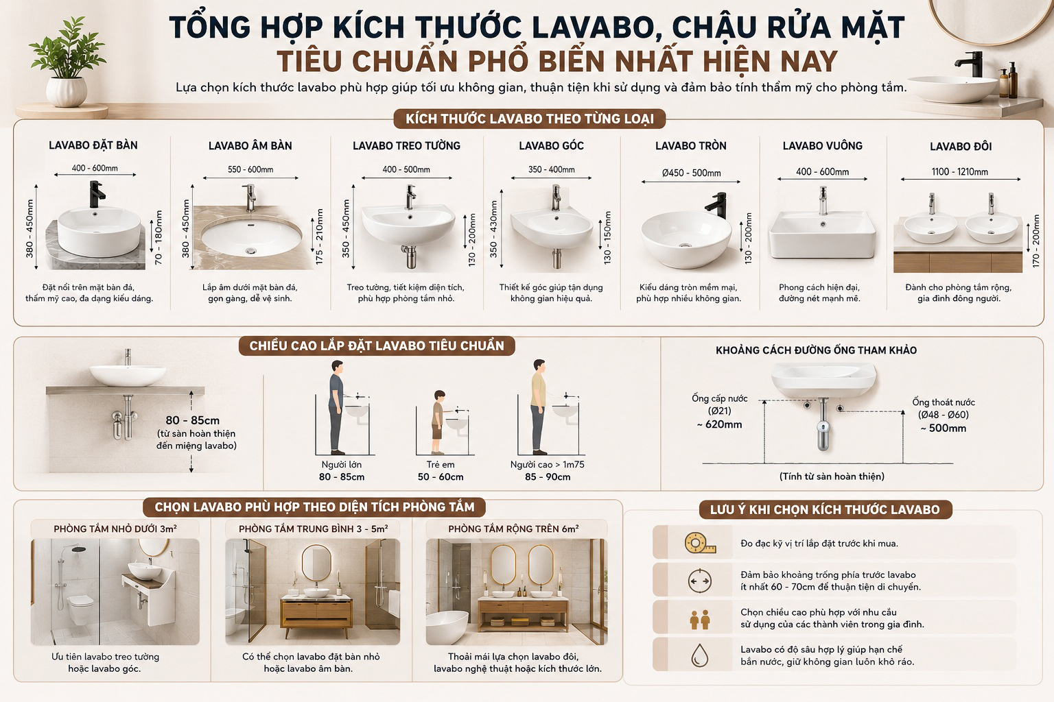 Tổng hợp các kích thước chậu rửa mặt lavabo thông dụng nhất