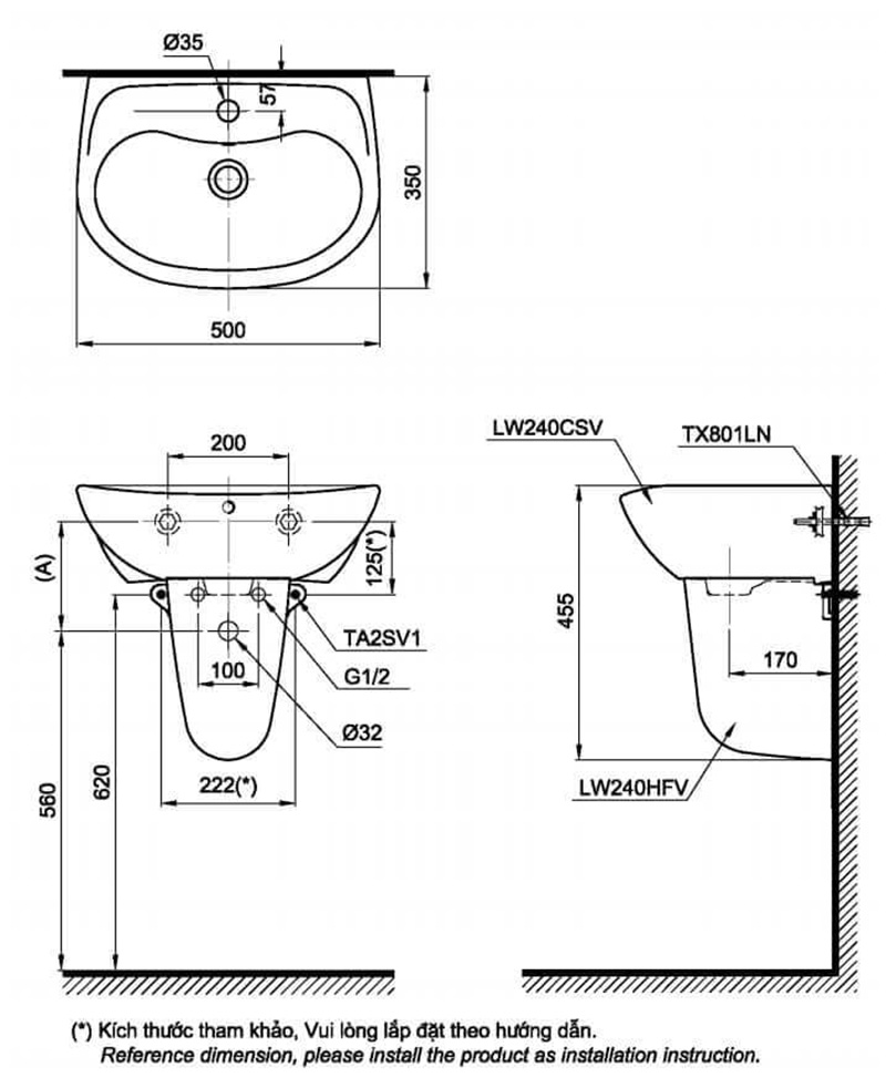 Bản vẽ kích thước lavabo chân lửng