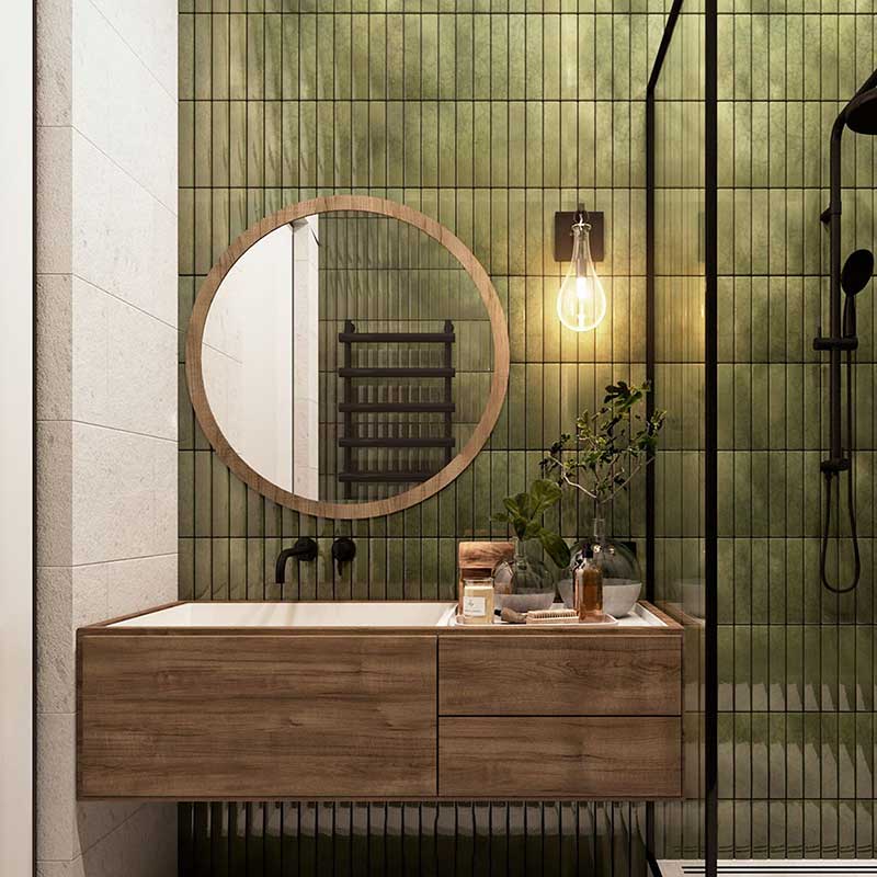 Top 10 mẫu gương phòng tắm đẹp, hiện đại được ưa chuộng hiện nay Gương phòng tắm khung gỗ tự nhiên