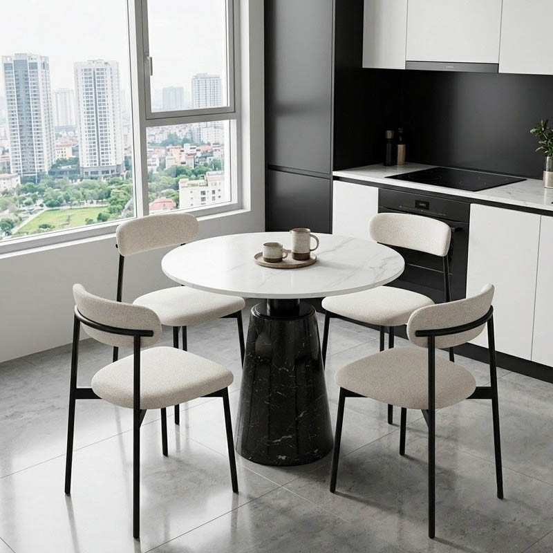 Bàn Ăn chân đá Cẩm Thạch tự nhiên, mặt bàn tròn đá trắng vân mây cao cấp BA222