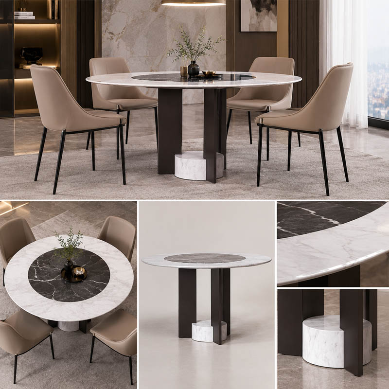 Bàn ăn tròn đá Cẩm Thạch Marble tự nhiên, chân trụ sắt kết hợp đế đá cao cấp BA091