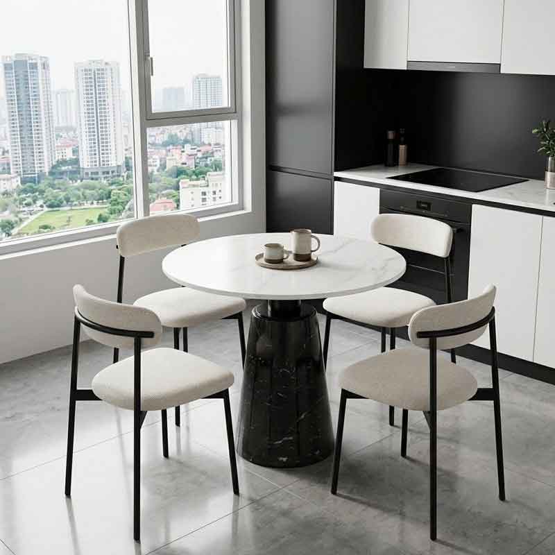 Bàn Ăn chân đá Cẩm Thạch tự nhiên, mặt bàn tròn đá trắng vân mây cao cấp BA222
