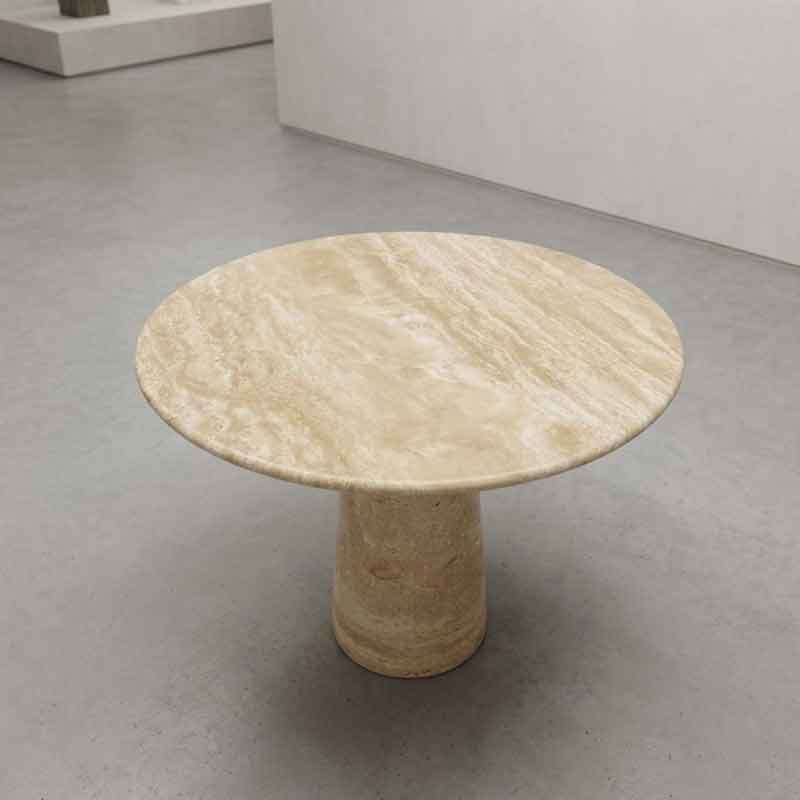 Bàn ăn tròn đá Travertine Thổ Nhĩ Kỳ, chân trụ đá tự nhiên nguyên khối D90cm BA700