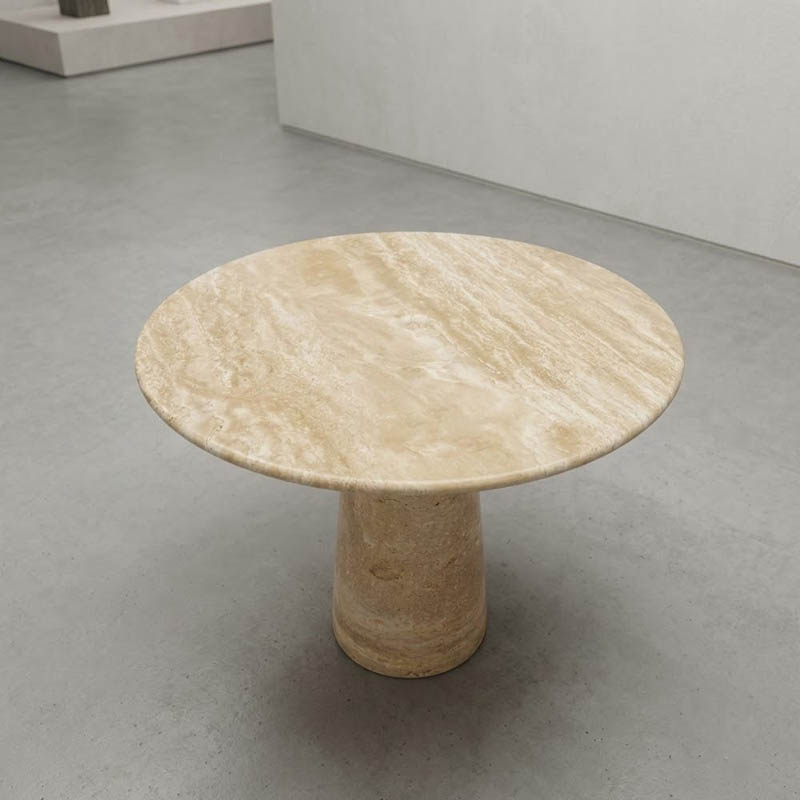 Bàn ăn tròn đá Travertine Thổ Nhĩ Kỳ, chân trụ đá tự nhiên nguyên khối D90cm BA700