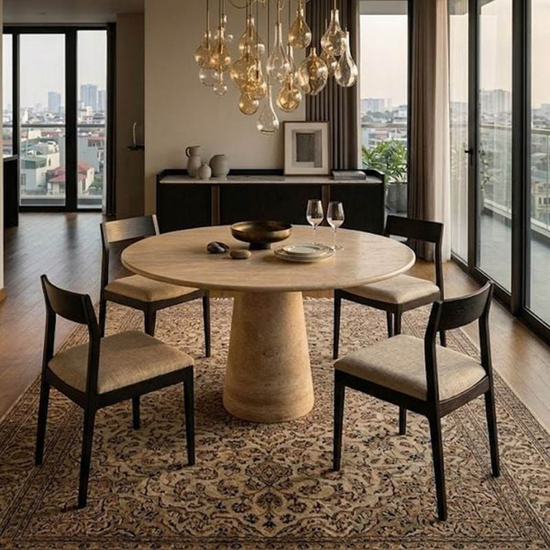 Bàn ăn tròn đá Travertine Thổ Nhĩ Kỳ, chân trụ đá tự nhiên nguyên khối D90cm BA700